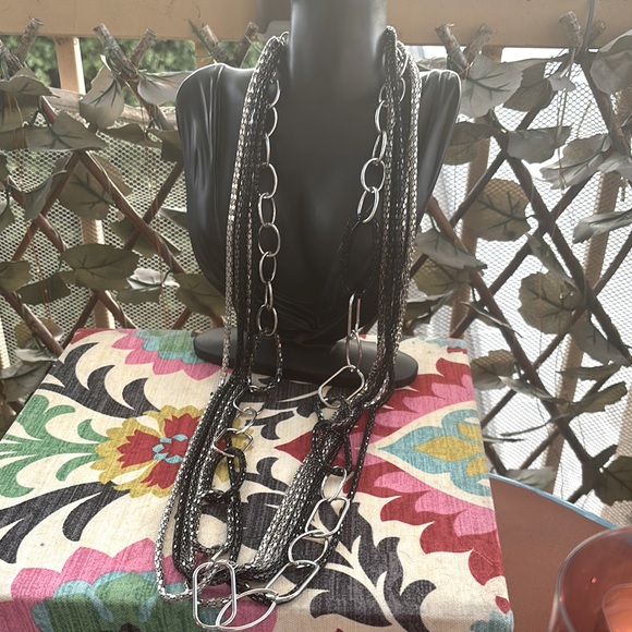 Vintage Costume Jewelry Layer Silvertone Black Mesh Layer Necklaces 38” Set of 2 - Picture 1 of 9